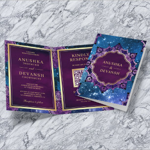 Convite Código QR Mandala Roxa Galáxia Azul Casamento Indi