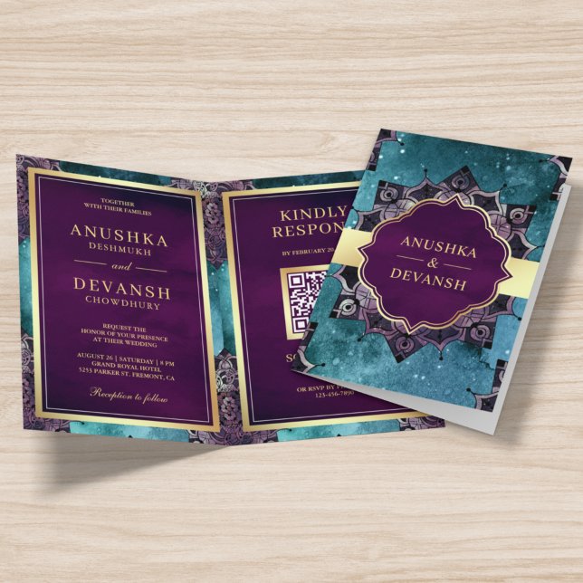 Convite Código QR Mandala Roxo Galáxia Turquesa Casamento  (Criador carregado)