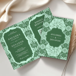 Convite Código QR Mandala Verde Casamento Indiano