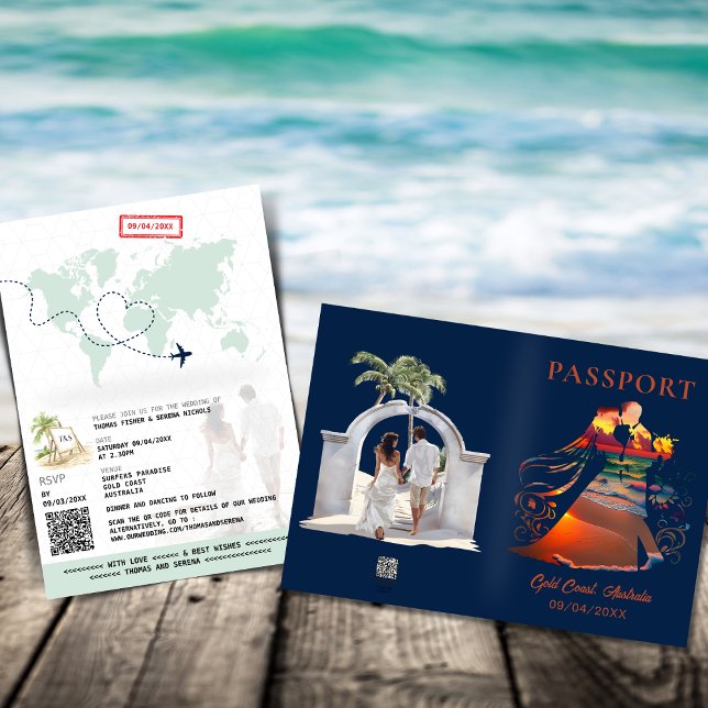 Convite Código QR Passaporte Sunset Tropical Beach Casamen (Criador carregado)