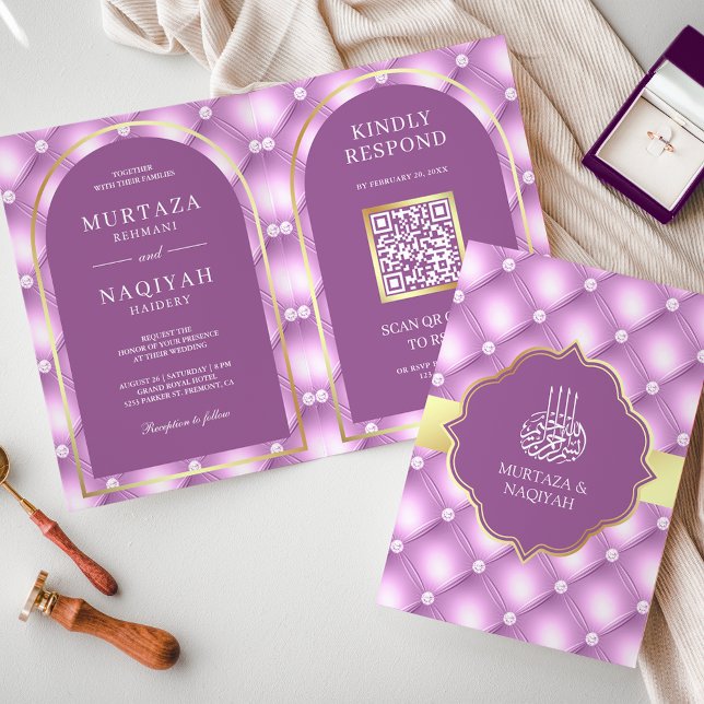 Convite Código QR Roxo Claro com Padrão de Tufo Casamento  (Criador carregado)