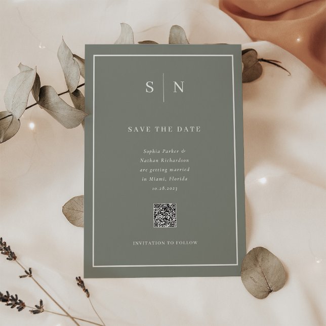 Convite Código QR Verde do Sage Mínimo e Chic Salve a Data (A sage green magnetic save the date card, with scannable QR code)
