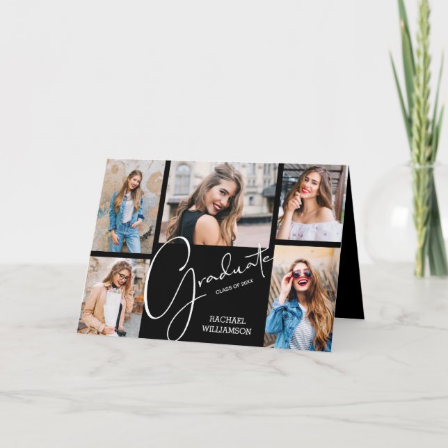 Convite Colagem de 5 Fotos de Formatura Preta Doblada (Frente)