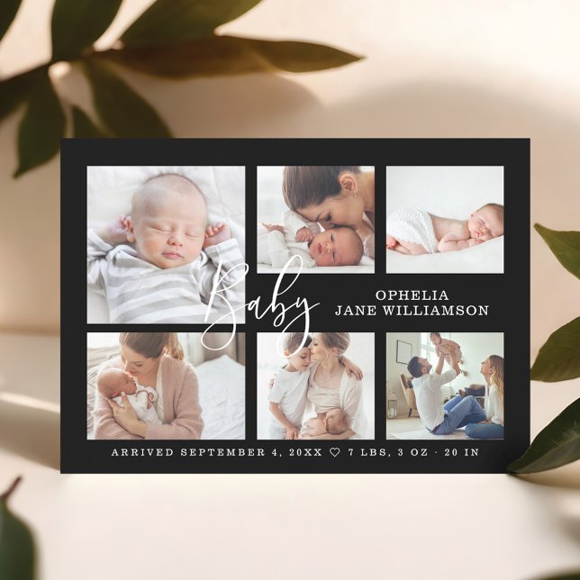 Convite Colagem de Foto de Nascimento de Bebê com Script S (Simple Script Baby Birth Photo Collage Black Magnetic Invitation)