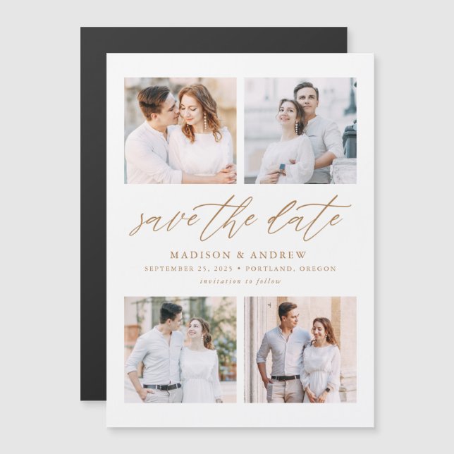 Convite Colagem de Fotografias Dourada Elegant Script 4 Gu (Frente/Verso)