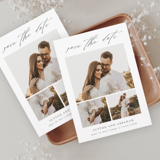 Convite Colagem de Fotos 3 Save The Dat Elegante Moderna (Modern Elegant Script 3 Photo Wedding Save the Date Magnetic Card.)