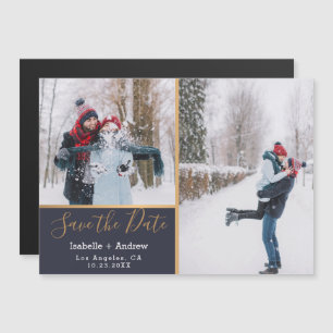 Convite Colagem de Fotos Azul do Marinho Elegante Dourada 