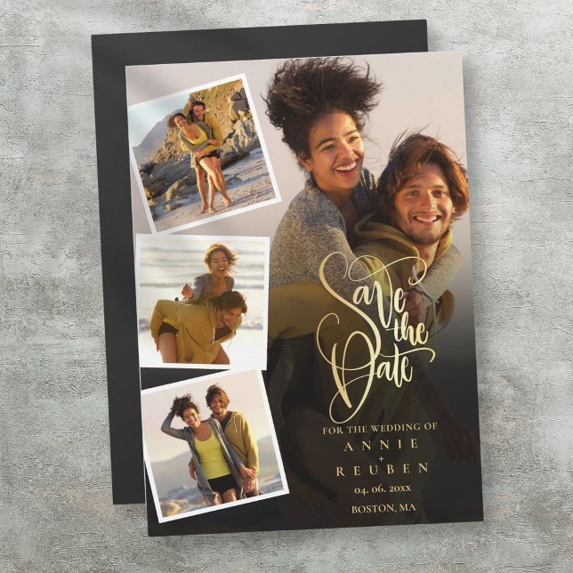 Convite Colagem de Fotos Casamento Dourado Salvar a Data (Photo Collage Wedding Gold Save The Date Magnetic Invitation)
