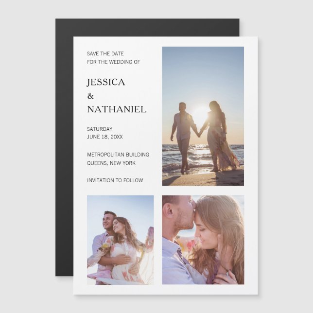 Convite Colagem de três fotos brancas modernas Salve a dat (Frente/Verso)