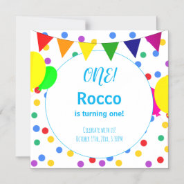 Convite Colorful Polka Dots and Balloons 1st Birthday Kids