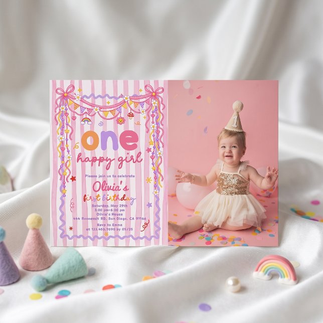 Convite Colorido de 1º Aniversário de Uma Menina F (Criador carregado)