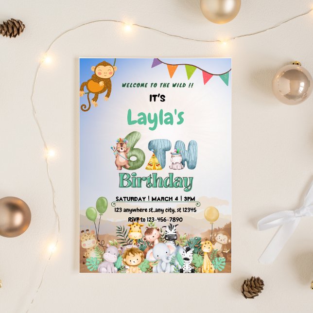 Convite Colorido de 6º Aniversário Safari Verde e  (Colorful Green & Blue Safari 6th Birthday Invitation)