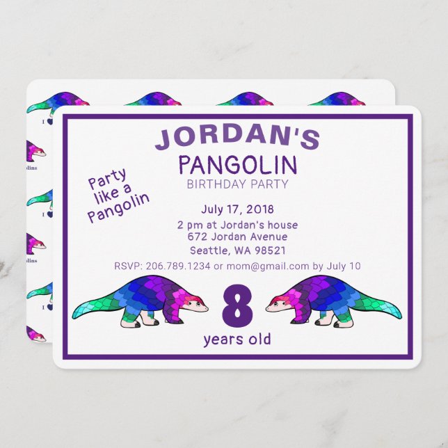 Convite Colorido de Aniversário de Pangolin (Frente/Verso)
