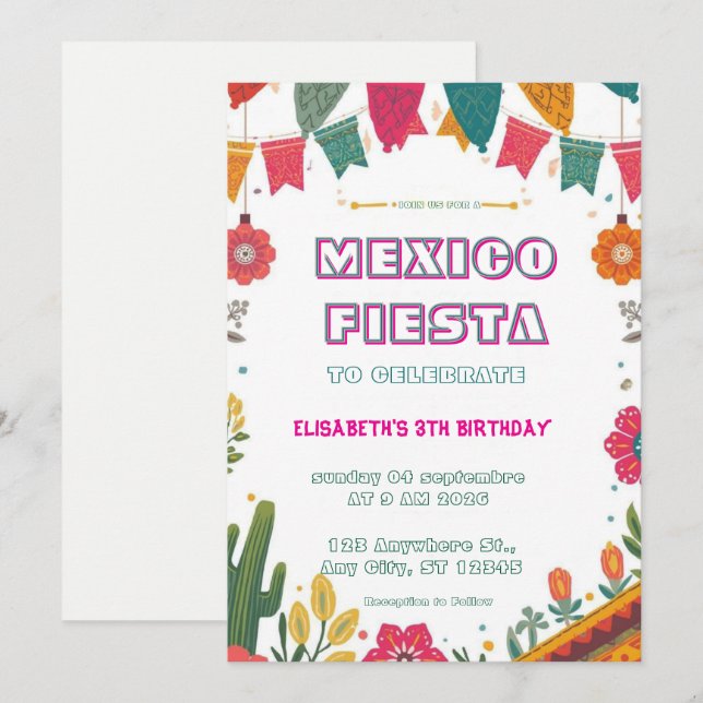 Convite Colorido de Aniversário Fiesta Mexicana (Frente/Verso)