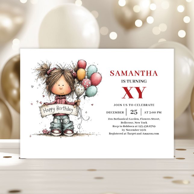 Convite Colorido de Aniversário para Menina Divert (Funky Cute Little Girl Colorful Birthday Invitation

)