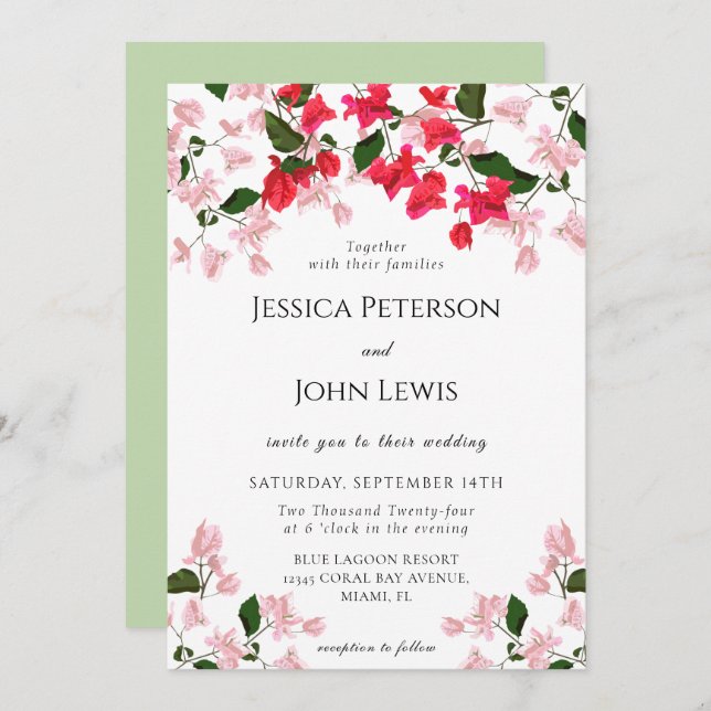 Convite Colorido para Casamento de Flores Bougainv (Frente/Verso)