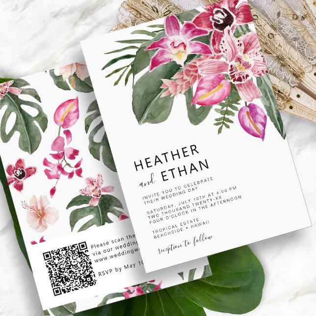 Convite Colorido para Casamento Tropical (Colorful Tropical Watercolor Floral Wedding Invitation QR Code by Painted Paperie
)