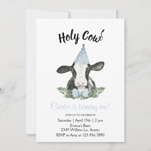 Convite com chapéu de festa azul e vaca com estamp (Frente)
