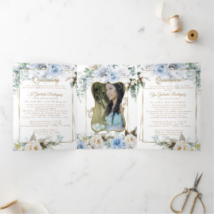 Convite Com Dobra Tripla 2 Foto Blue Peony Mis Quince Años Tri-Fold