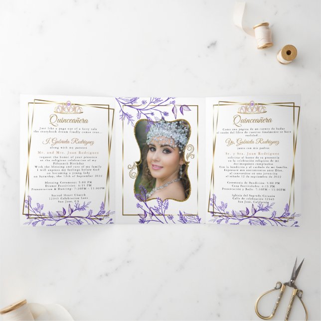 Convite Com Dobra Tripla 2 Foto Folhagem Roxa Mis Quince Años (Dentro)