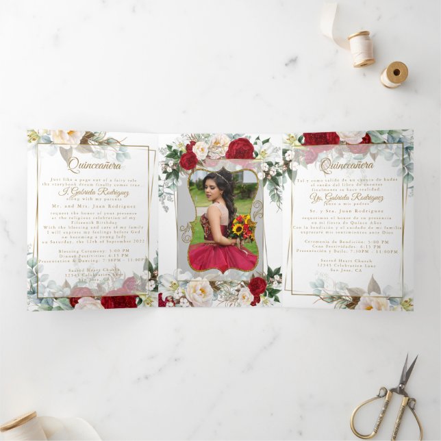 Convite Com Dobra Tripla 2 Foto Rosa Peônia Vermelha Meus Quinze Anos Convi (Dentro)