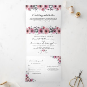 Convite Com Dobra Tripla 3 em 1 Casamento Floral de Aquarela Rosa Elegante