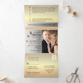 Convite Com Dobra Tripla 3 em 1 Casamento Foto Prata e Dourado