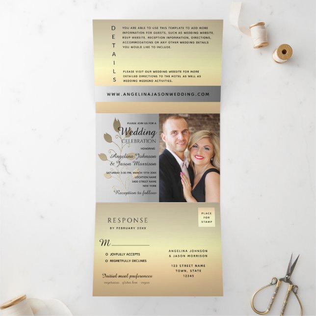 Convite Com Dobra Tripla 3 em 1 Casamento Foto Prata e Dourado (Dentro)