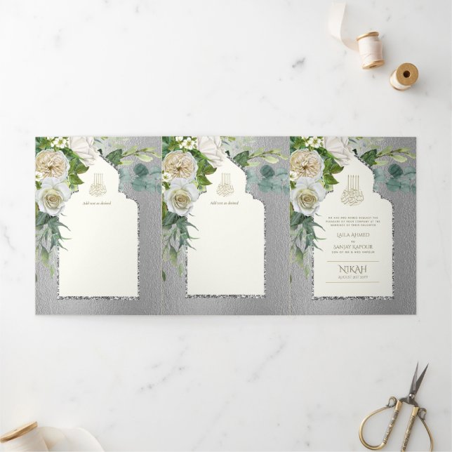 Convite Com Dobra Tripla 6 pg NIKAH WALIMAH White Greenery Silver Casamento (Fora)