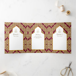 Convite Com Dobra Tripla 6pg NIKAH WALIMAH Ornamentado Dourado Branco Verme