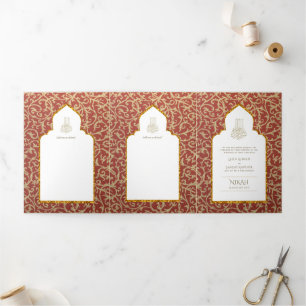 Convite Com Dobra Tripla 6pg NIKAH WALIMAH White Red Dourado Ornamentado Tr