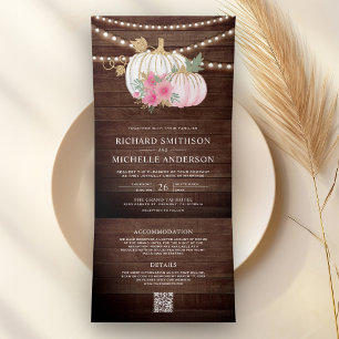 Convite Com Dobra Tripla Abóbora Floral Rosa Código QR de Outono Casamento