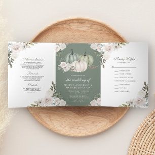 Convite Com Dobra Tripla Abóbora Verde-Salvia e Casamento Floral Branco