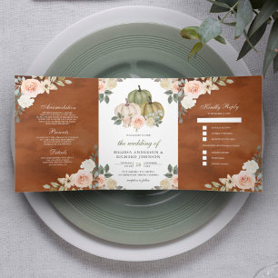 Convite Com Dobra Tripla Abóbora Verde Salvia Floral Terracota Casamento Pê