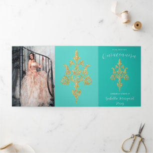 Convite Com Dobra Tripla Adorável Glitter Quinceanera Dourada