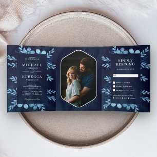Convite Com Dobra Tripla Água azul desbotada Floral Foto Casamento Azul-Mar