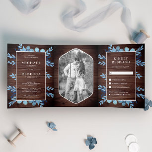 Convite Com Dobra Tripla Água Azul Floral Foto em Madeira Casamento