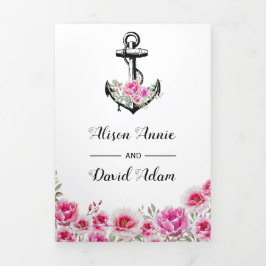 Convite Com Dobra Tripla Âncora vintage flores cor-de-rosa casamento náutic