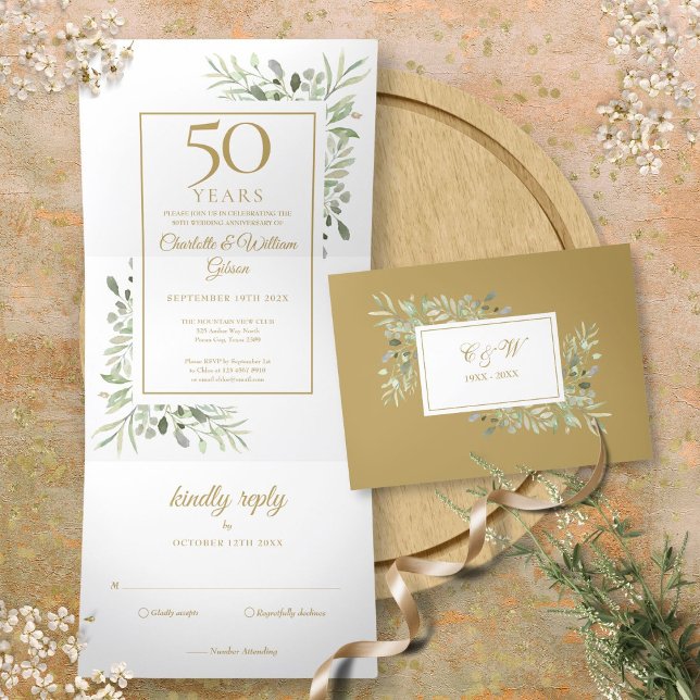 Convite Com Dobra Tripla Aniversário de 50 anos de casamento com folhagem f (50th Golden Anniversary Wedding Greenery Floral Tri-Fold Invitation)