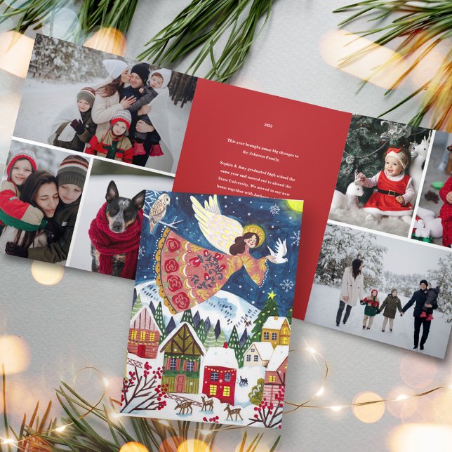 Convite Com Dobra Tripla Anjo de Natal paz na terra Foto Natal (Christmas angel of peace Family Photo Christmas Tri-Fold Invitation)