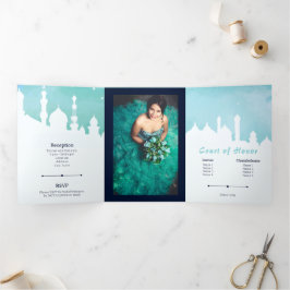 Convite Com Dobra Tripla Aqua Arabian Nights Watercolor Quinceañera Tri-Fol