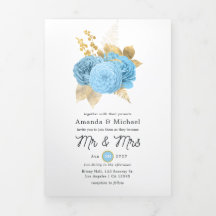 Aqua Azul e Dourado Floral Casamento Foto Tri-Dobr