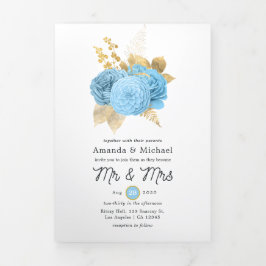 Convite Com Dobra Tripla Aqua Azul e Dourado Floral Casamento Foto Tri-Dobr