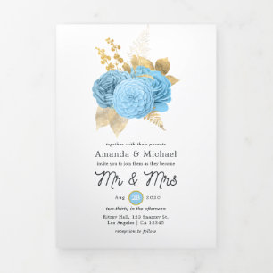 Convite Com Dobra Tripla Aqua Azul e Dourado Floral Casamento Foto Tri-Dobr