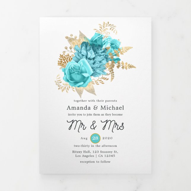 Convite Com Dobra Tripla Aqua Blue e Dourada Foto de Casamento Floral (Cobrir)