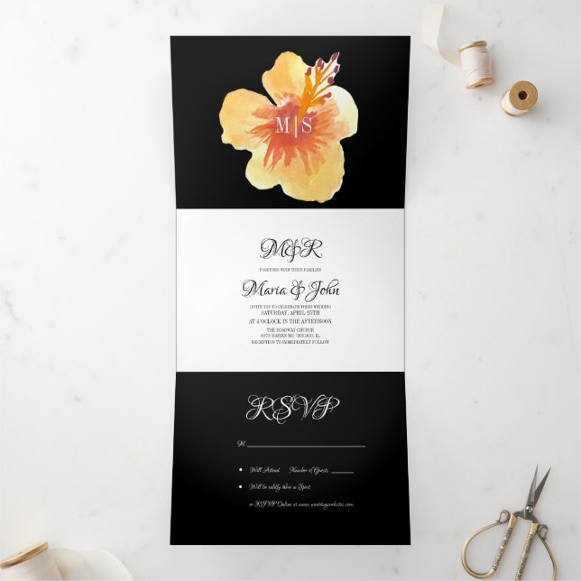 Convite Com Dobra Tripla Aquarela Hibiscus Verão Amarelo Tropical (Dentro)