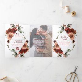 Convite Com Dobra Tripla aquarela Terracota Outono marrom foto casamento