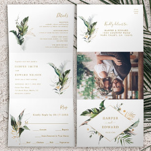 Convite Com Dobra Tripla Aquarela Tropical Deixa Casamento Dourado