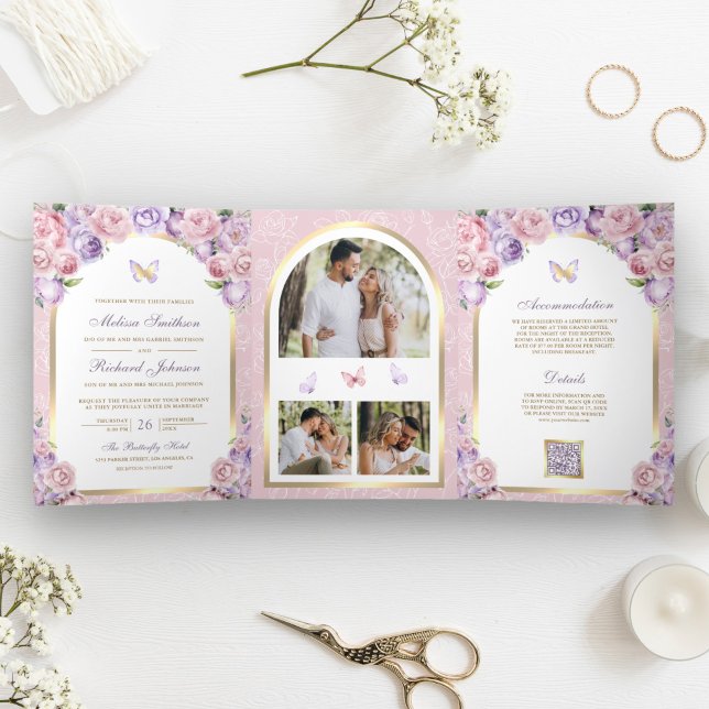 Convite Com Dobra Tripla Arco Borboleta Casamento Floral Rosa Lavanda Doura (Criador carregado)