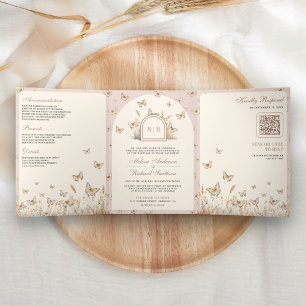 Convite Com Dobra Tripla Arco de Casamento Borboleta de Flor Silvestre Crem